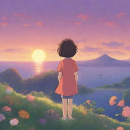 A Studio Ghibli character, with the signature whimsical and detailed art style, is watching a beautiful sunset over a serene landscape, featuring lush greenery and a calm body of water