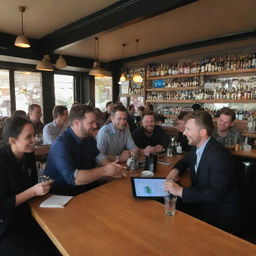 Technology bar filled with smiling staff interacting with tech support, on a sunny day in Wellington. The bar scene is bustling with tech devices in a 16:9 aspect ratio.