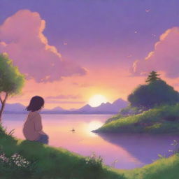 A Studio Ghibli character, with the signature whimsical and detailed art style, is watching a beautiful sunset over a serene landscape, featuring lush greenery and a calm body of water