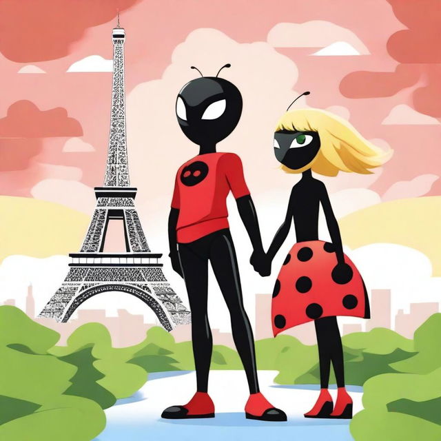 Create a poster titled 'Miraculous Ladybug Season 6' featuring Ladybug and Chat Noir holding hands at the Eiffel Tower