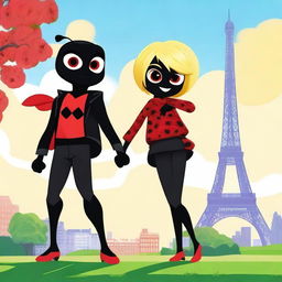 Create a poster titled 'Miraculous Ladybug Season 6' featuring Ladybug and Chat Noir holding hands at the Eiffel Tower