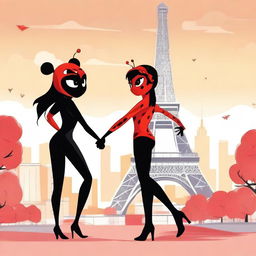 Create a poster titled 'Miraculous Ladybug Season 6' featuring Ladybug and Chat Noir holding hands at the Eiffel Tower