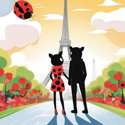 Create a poster titled 'Miraculous Ladybug Season 6' featuring Ladybug and Chat Noir holding hands at the Eiffel Tower