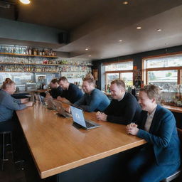 Technology bar filled with smiling staff interacting with tech support, on a sunny day in Wellington. The bar scene is bustling with tech devices in a 16:9 aspect ratio.