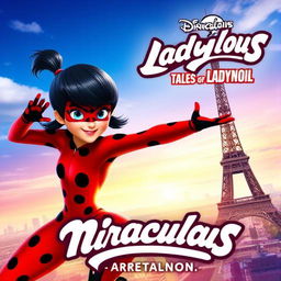 A vibrant and colorful poster featuring Ladybug from the animated series 'Miraculous: Tales of Ladybug & Cat Noir'