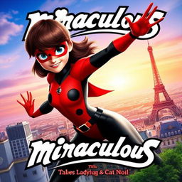 A vibrant and colorful poster featuring Ladybug from the animated series 'Miraculous: Tales of Ladybug & Cat Noir'