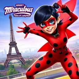 A vibrant and colorful poster featuring Ladybug from the animated series 'Miraculous: Tales of Ladybug & Cat Noir'