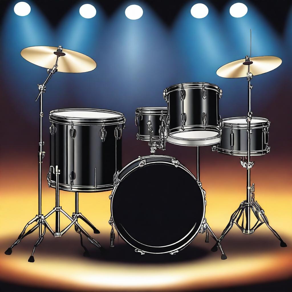 A detailed illustration of a set of drums, including a bass drum, snare drum, toms, hi-hat, and cymbals