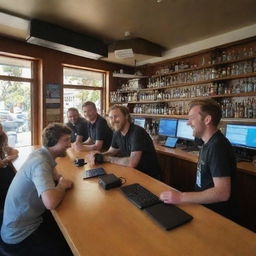 Technology bar filled with smiling staff interacting with tech support, on a sunny day in Wellington. The bar scene is bustling with tech devices in a 16:9 aspect ratio.