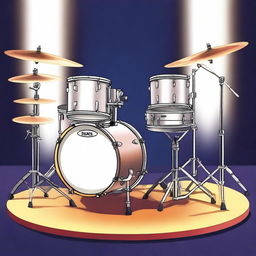 A detailed illustration of a set of drums, including a bass drum, snare drum, toms, hi-hat, and cymbals