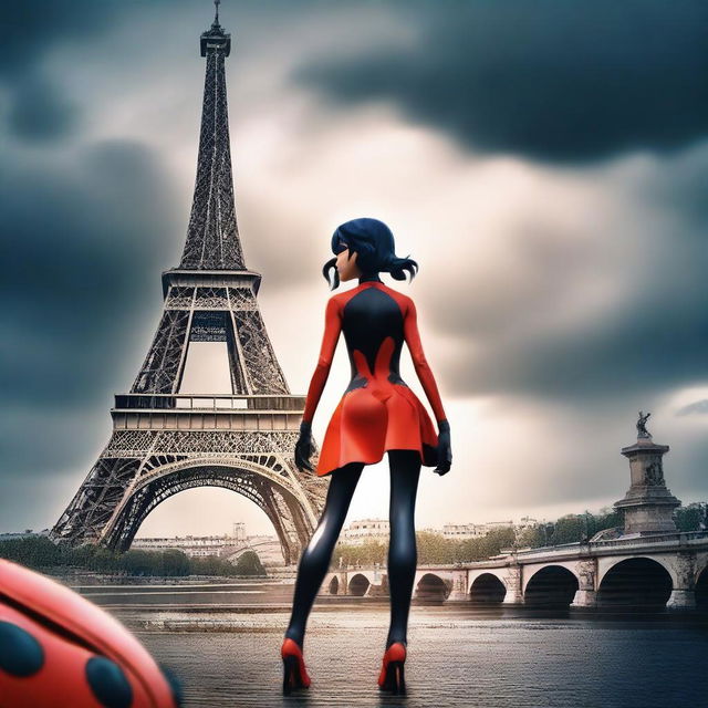 A poster featuring Ladybug from the Miraculous series, akumatized and standing in a dramatic pose in Paris