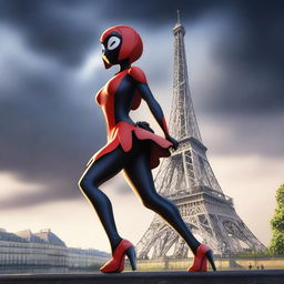 A poster featuring Ladybug from the Miraculous series, akumatized and standing in a dramatic pose in Paris