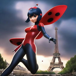 A poster featuring Ladybug from the Miraculous series, akumatized and standing in a dramatic pose in Paris