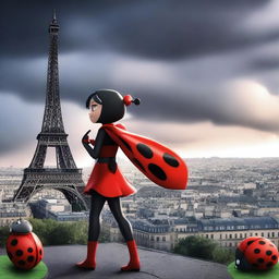 A poster featuring Ladybug from the Miraculous series, akumatized and standing in a dramatic pose in Paris