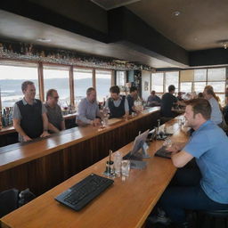 Technology bar filled with smiling staff interacting with tech support, on a sunny day in Wellington. The bar scene is bustling with tech devices in a 16:9 aspect ratio.