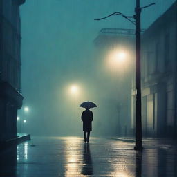 A melancholic scene featuring a person standing alone under a streetlight in the rain, with a distant figure walking away