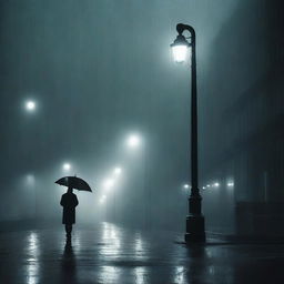 A melancholic scene featuring a person standing alone under a streetlight in the rain, with a distant figure walking away