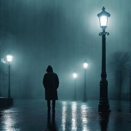 A melancholic scene featuring a person standing alone under a streetlight in the rain, with a distant figure walking away