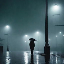 A melancholic scene featuring a person standing alone under a streetlight in the rain, with a distant figure walking away