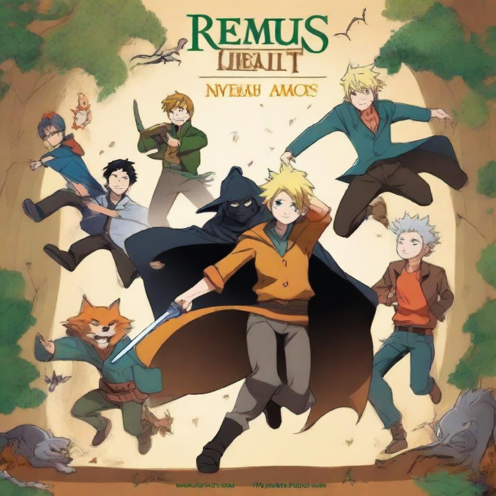 A book cover titled 'Remus y sus nuevos amigos' featuring Remus Lupin, Darth Vader, Naruto, the nine-tailed fox, Newt Scamander, and Deku on an adventure