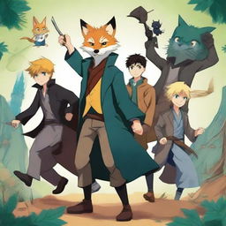 A book cover titled 'Remus y sus nuevos amigos' featuring Remus Lupin, Darth Vader, Naruto, the nine-tailed fox, Newt Scamander, and Deku on an adventure