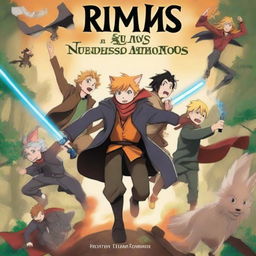 A book cover titled 'Remus y sus nuevos amigos' featuring Remus Lupin, Darth Vader, Naruto, the nine-tailed fox, Newt Scamander, and Deku on an adventure