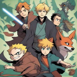 A book cover titled 'Remus y sus nuevos amigos' featuring Remus Lupin, Darth Vader, Naruto, the nine-tailed fox, Newt Scamander, and Deku on an adventure