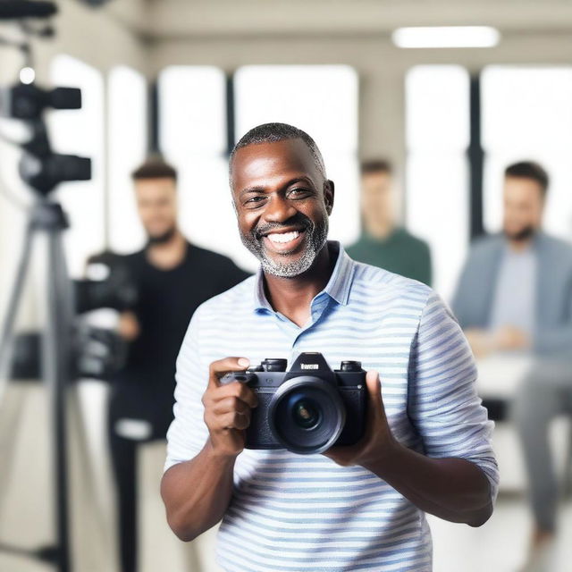 A YouTube thumbnail featuring a man holding a camera, promoting a video course on photography