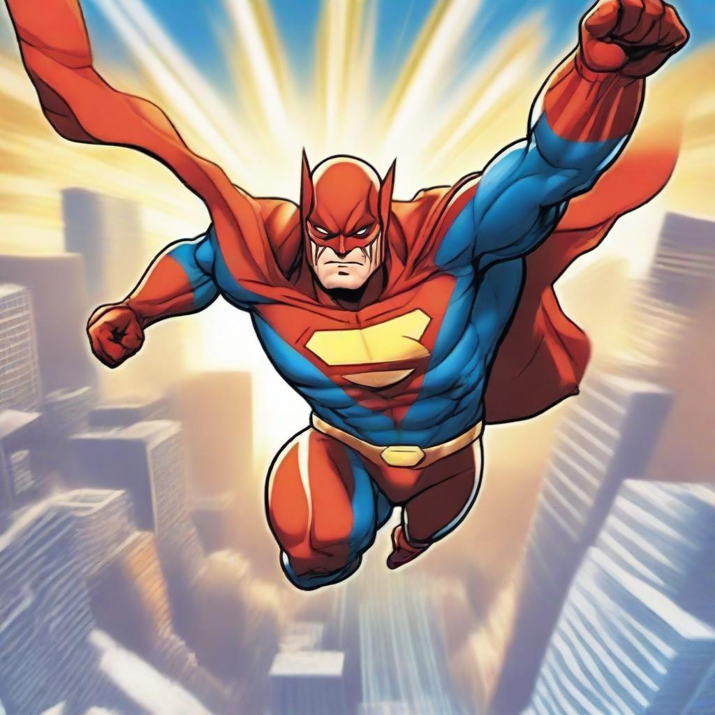 A dynamic and powerful superhero in action, soaring through the skies with a cityscape in the background