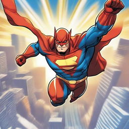 A dynamic and powerful superhero in action, soaring through the skies with a cityscape in the background