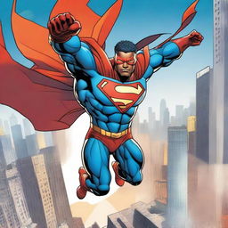 A dynamic and powerful superhero in action, soaring through the skies with a cityscape in the background