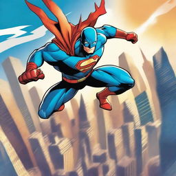 A dynamic and powerful superhero in action, soaring through the skies with a cityscape in the background