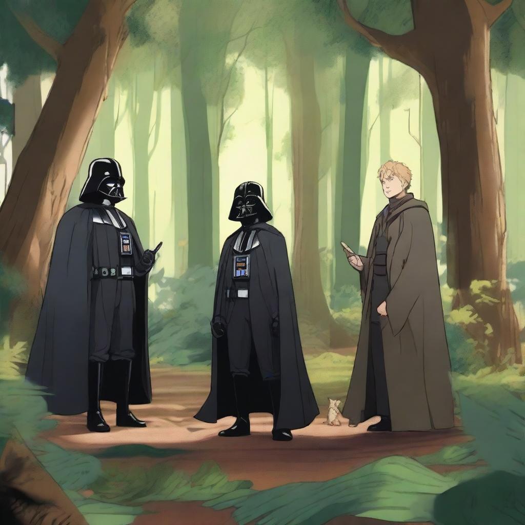 A detailed scene in a forest featuring Darth Vader, Remus Lupin, Naruto, Newt Scamander, and Deku