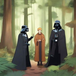 A detailed scene in a forest featuring Darth Vader, Remus Lupin, Naruto, Newt Scamander, and Deku