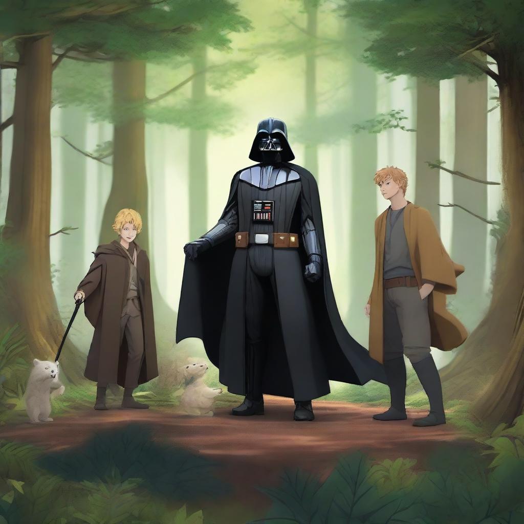 A detailed scene in a forest featuring Darth Vader, Remus Lupin, Naruto, Newt Scamander, and Deku