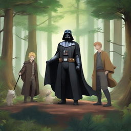 A detailed scene in a forest featuring Darth Vader, Remus Lupin, Naruto, Newt Scamander, and Deku