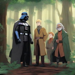 A detailed scene in a forest featuring Darth Vader, Remus Lupin, Naruto, Newt Scamander, and Deku