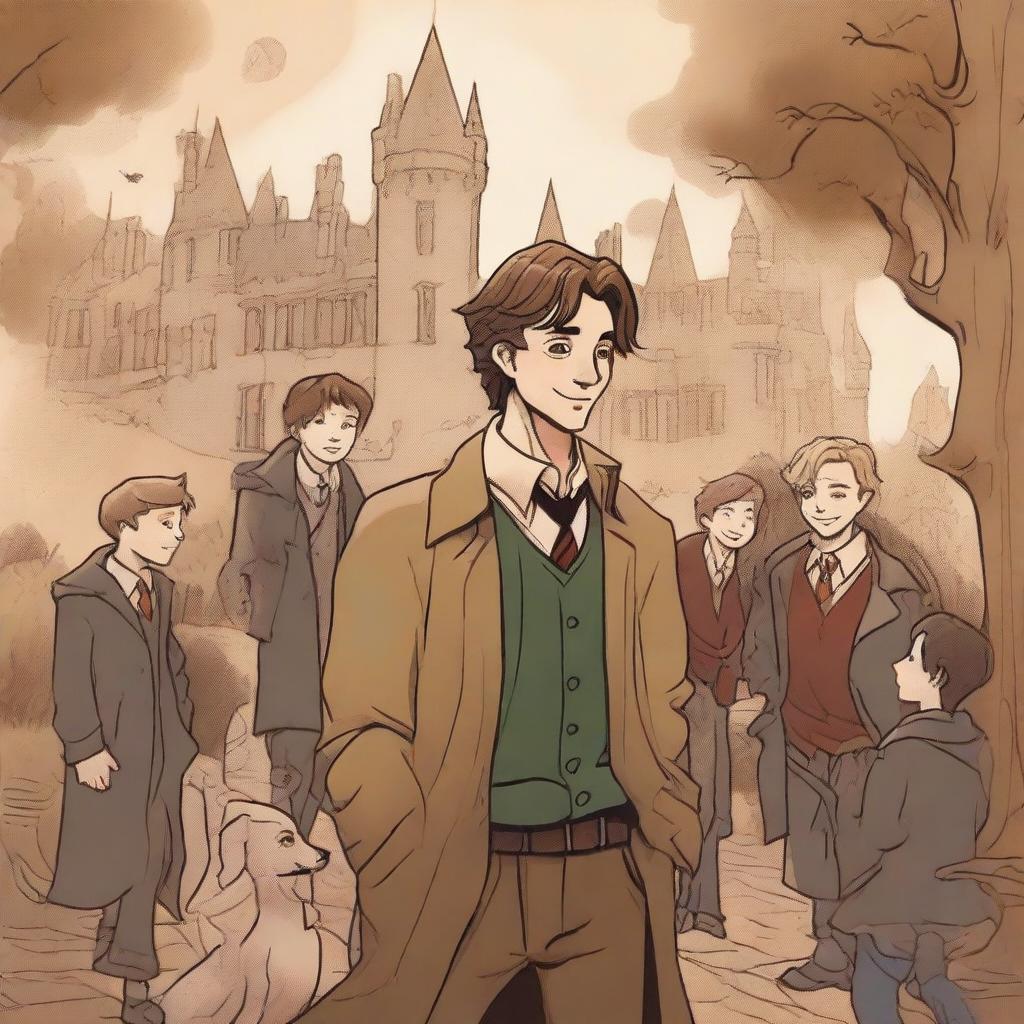 A detailed illustration of Remus Lupin, the beloved character from the Harry Potter series, surrounded by his friends, showcasing the power of friendship