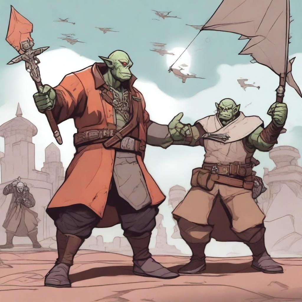 A detailed illustration of an Orc Artificer with a Battlesmith subclass