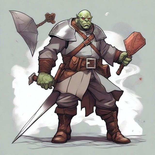 A detailed illustration of an Orc Artificer with a Battlesmith subclass