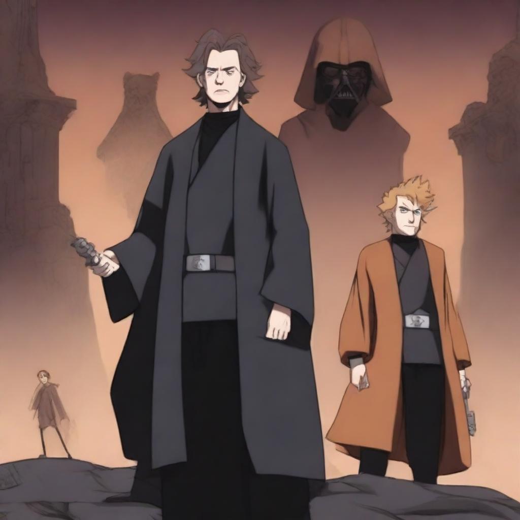 A detailed illustration of Remus Lupin from Harry Potter standing alongside Darth Vader from Star Wars and Naruto Uzumaki from the Naruto series