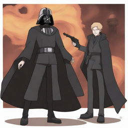 A detailed illustration of Remus Lupin from Harry Potter standing alongside Darth Vader from Star Wars and Naruto Uzumaki from the Naruto series