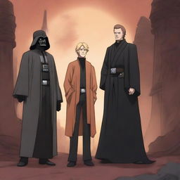 A detailed illustration of Remus Lupin from Harry Potter standing alongside Darth Vader from Star Wars and Naruto Uzumaki from the Naruto series