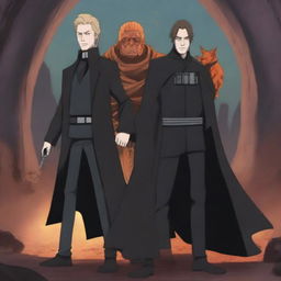 A detailed illustration of Remus Lupin from Harry Potter standing alongside Darth Vader from Star Wars and Naruto Uzumaki from the Naruto series