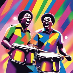 A vibrant and energetic scene featuring two men playing drums