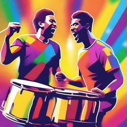 A vibrant and energetic scene featuring two men playing drums