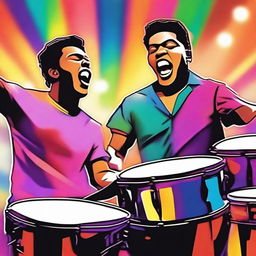 A vibrant and energetic scene featuring two men playing drums