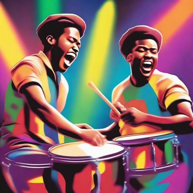 A vibrant and energetic scene featuring two men playing drums