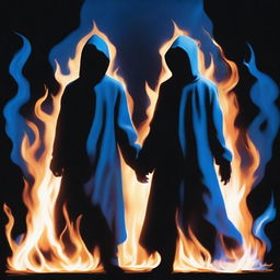 Two late teenagers, one covered by a blue flame and the other covered by a black flame