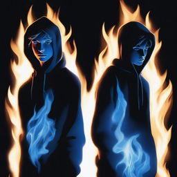 Two late teenagers, one covered by a blue flame and the other covered by a black flame